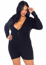 Load image into Gallery viewer, Leg Avenue Brushed Rib Romper Long Johns with Cheeky Snap Closure Back Flap - Black - 3XLarge/4XLarge/Queen
