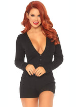 Load image into Gallery viewer, Leg Avenue Brushed Rib Romper Long Johns with Cheeky Snap Closure Back Flap - Black - Large/XLarge
