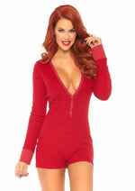 Load image into Gallery viewer, Leg Avenue Brushed Rib Romper Long Johns with Cheeky Snap Closure Back Flap - Red - XLarge
