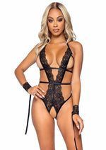 Load image into Gallery viewer, Leg Avenue Cage Strap Crotchless Lace Teddy with G-String Back and Open Cup, Tie Back Straps and Restraint Wrist Cuffs - Black - Large/Medium - 2 Pieces/Set
