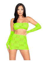 Load image into Gallery viewer, Leg Avenue Checkerboard Net and Opaque Bandeau Mini Skirt and Arm Warmers - Green/Neon Green - One Size
