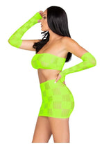 Load image into Gallery viewer, Leg Avenue Checkerboard Net and Opaque Bandeau Mini Skirt and Arm Warmers - Green/Neon Green - One Size