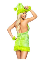 Load image into Gallery viewer, Leg Avenue Christmas Baddie Set Ruched Velvet Dress with Tie Back Halter Straps and Fur Trim, Wrist Cuffs, and Hat - Green - XSmall - 3 Piece
