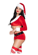 Load image into Gallery viewer, Leg Avenue Christmas Cutie Costume, Velvet Crop Top with Faux Fur Trim, Shorts, Belt and Santa Hat
