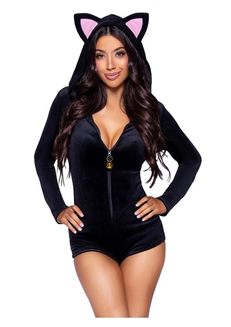 Leg Avenue Comfy Cat Ultra-Soft Velvet Plush Zip Up Romper with Bell Zipper Pull, Ear Hood, and Kitty Tail - Black - Large