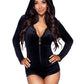 Leg Avenue Comfy Cat Ultra-Soft Velvet Plush Zip Up Romper with Bell Zipper Pull, Ear Hood, and Kitty Tail - Black - Medium