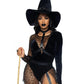 Leg Avenue Crafty Witch Snap Crotch Velvet Bodysuit with Distressed Net and Attached Garter, Choker Body Harness, and Matching Velvet Witch Hat - Black - Large - 3 Piece