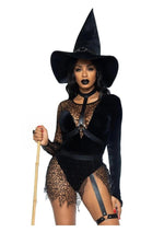 Load image into Gallery viewer, Leg Avenue Crafty Witch Snap Crotch Velvet Bodysuit with Distressed Net and Attached Garter, Choker Body Harness, and Matching Velvet Witch Hat - Black - Small - 3 Piece