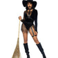 Leg Avenue Crafty Witch Snap Crotch Velvet Bodysuit with Distressed Net and Attached Garter, Choker Body Harness, and Matching Velvet Witch Hat