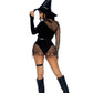 Leg Avenue Crafty Witch Snap Crotch Velvet Bodysuit with Distressed Net and Attached Garter, Choker Body Harness, and Matching Velvet Witch Hat