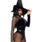 Leg Avenue Crafty Witch Snap Crotch Velvet Bodysuit with Distressed Net and Attached Garter, Choker Body Harness, and Matching Velvet Witch Hat - Black - Small - 3 Piece