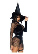 Load image into Gallery viewer, Leg Avenue Crafty Witch Snap Crotch Velvet Bodysuit with Distressed Net and Attached Garter, Choker Body Harness, and Matching Velvet Witch Hat - Black - Small - 3 Piece
