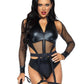 Leg Avenue Criminal Kitty Cut-Out Zip Up Bodysuit with Snap Crotch, Belt with Attached Garters, and Cat Ear Headband - Black - Large - 3 Piece