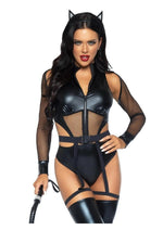 Load image into Gallery viewer, Leg Avenue Criminal Kitty Cut-Out Zip Up Bodysuit with Snap Crotch, Belt with Attached Garters, and Cat Ear Headband - Black - XSmall - 3 Piece