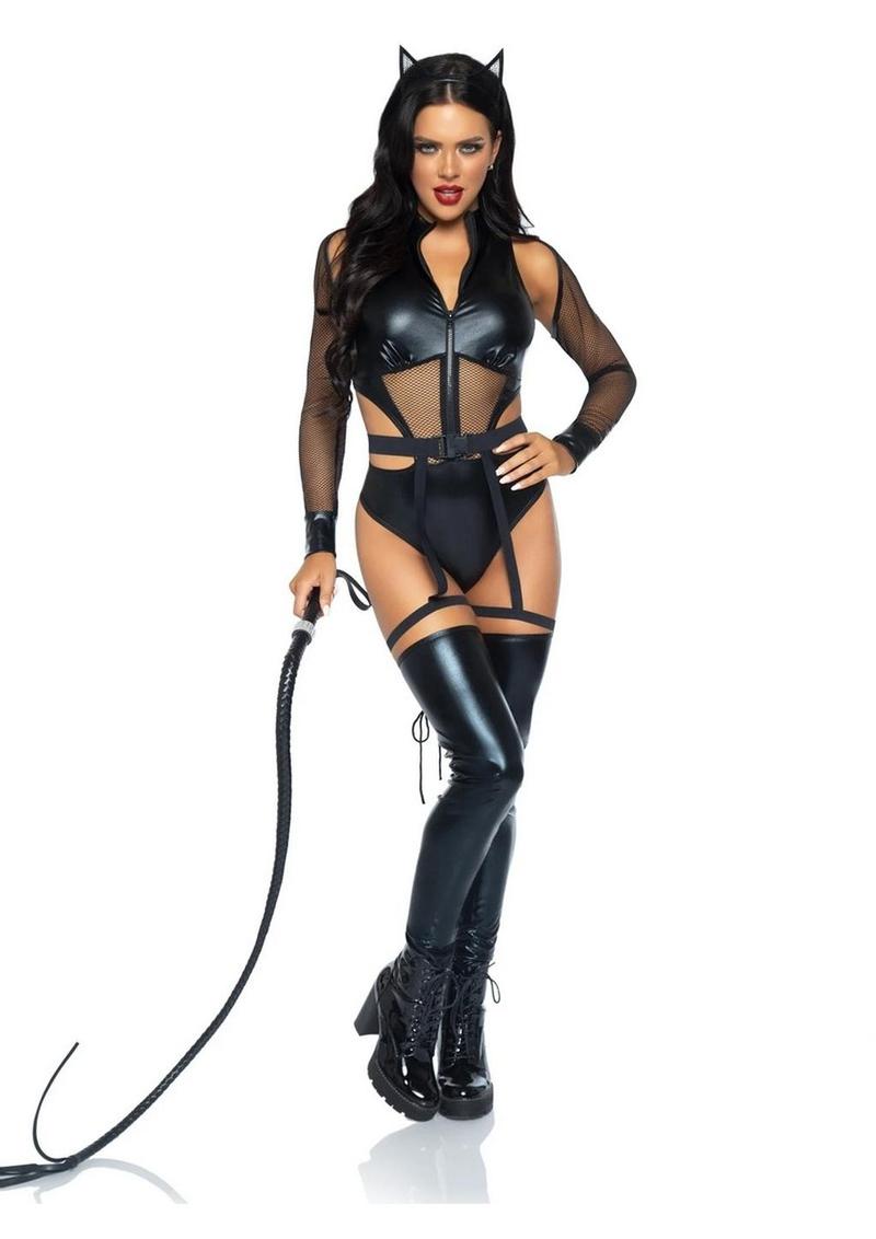 Leg Avenue Criminal Kitty Cut-Out Zip Up Bodysuit with Snap Crotch, Belt with Attached Garters, and Cat Ear Headband - Black - XSmall - 3 Piece