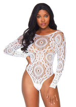Load image into Gallery viewer, Leg Avenue Crochet Lace Long Sleeved Snap Crotch Thong Back Bodysuit - White - Large/Medium