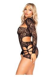 Leg Avenue Cut-Out Lace Romper with Attached Shrug - Black - One Size