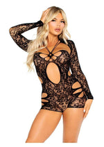 Load image into Gallery viewer, Leg Avenue Cut-Out Lace Romper with Attached Shrug - Black - One Size
