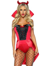 Load image into Gallery viewer, Leg Avenue Devilish Darling Tux and Tails Bodysuit with Stay Up Collar, Pin-On Devil Tail, and Sequin Devil Horn Headband - Red - Large - 3 Piece