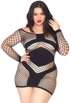 Load image into Gallery viewer, Leg Avenue Diamond Net Long Sleeved Mini Dress with Opaque Panel Accents - Black - Plus Size/Queen