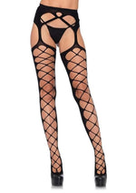 Load image into Gallery viewer, Leg Avenue Diamond Net Opaque Stockings with Attached Garterbelt - Black - One Size