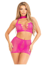 Load image into Gallery viewer, Leg Avenue Dotted Net and Lace Halter Crop Top with Faux Lace Up Front and Mini Skirt - Magenta/Pink - One Size - 2 Piece
