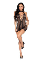 Load image into Gallery viewer, Leg Avenue Dotted Net and Lace Halter Mini Dress with Faux Lace-Up Open Back
