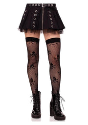 Leg Avenue Dotted Net Skull Thigh Highs - Black - One Size