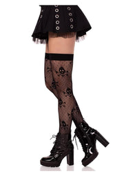 Leg Avenue Dotted Net Skull Thigh Highs - Black - One Size