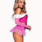 Leg Avenue Dreamy Princess Velvet Boned Crop Top with Jewel Accent, Garter Panty with Peplum Skirt, Removable Clear Straps, and Crown Headband - Pink - XSmall - 4 Piece