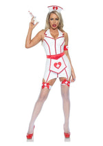 Load image into Gallery viewer, Leg Avenue Er Hottie Vinyl Zip Up Garter Dress, Heart Apron, Arm Band, and Head Piece.