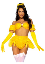 Load image into Gallery viewer, Leg Avenue Fairytale Beauty Glitter Shimmer Bra Top with Gathered Rosette Center and Puff Sleeves, High Waist Panty with Ribbon Pick-Up Skirt, Removable Clear Straps, and Matching Hair Ribbon - Yellow - XSmall - 4 Piece
