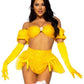 Leg Avenue Fairytale Beauty Glitter Shimmer Bra Top with Gathered Rosette Center and Puff Sleeves, High Waist Panty with Ribbon Pick-Up Skirt, Removable Clear Straps, and Matching Hair Ribbon - Yellow - Small - 4 Piece