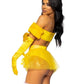 Leg Avenue Fairytale Beauty Glitter Shimmer Bra Top with Gathered Rosette Center and Puff Sleeves, High Waist Panty with Ribbon Pick-Up Skirt, Removable Clear Straps, and Matching Hair Ribbon - Yellow - XSmall - 4 Piece