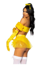 Load image into Gallery viewer, Leg Avenue Fairytale Beauty Glitter Shimmer Bra Top with Gathered Rosette Center and Puff Sleeves, High Waist Panty with Ribbon Pick-Up Skirt, Removable Clear Straps, and Matching Hair Ribbon - Yellow - XSmall - 4 Piece