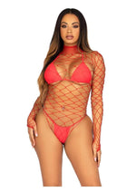 Load image into Gallery viewer, Leg Avenue Fence Net Snap Crotch Long Sleeved Bodysuit - Red - One Size
