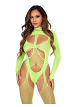 Load image into Gallery viewer, Leg Avenue Fishnet Halter Suspender Bodystocking and Layered Opaque Cut-Out Teddy - Green - One Size - 2 Piece
