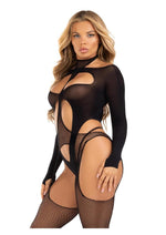 Load image into Gallery viewer, Leg Avenue Fishnet Halter Suspender Bodystocking and Layered Opaque Cut-Out Teddy - Black - One Size - 2 Piece
