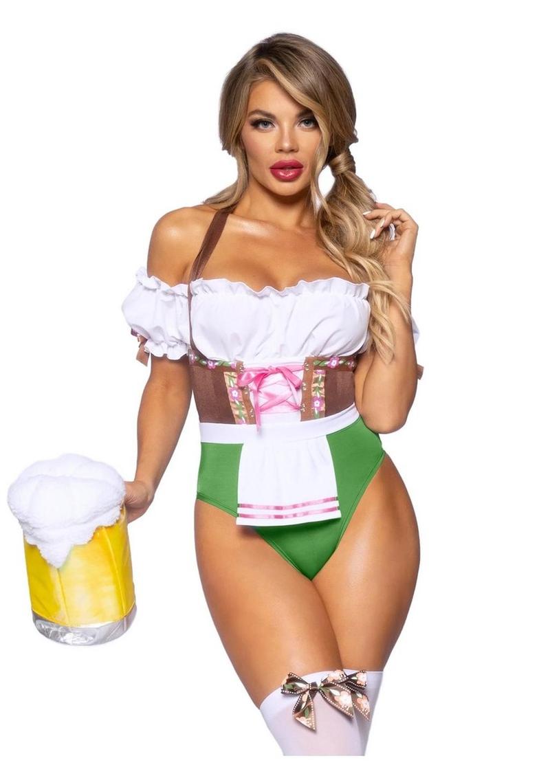 Leg Avenue Flirty Fraulein Peasant Top Snap Crotch Bodysuit with Satin Ribbon Trim, Attached Apron, and Stockings - Multicolor - Large - 2 Piece