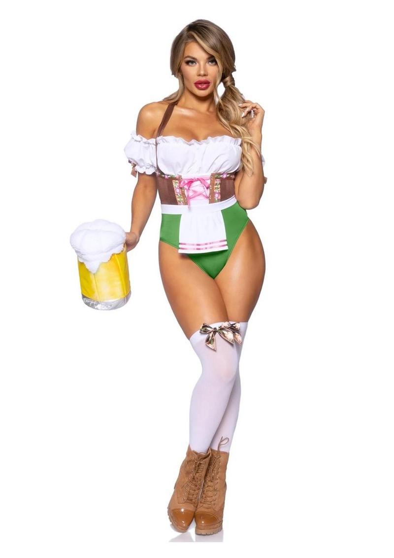 Leg Avenue Flirty Fraulein Peasant Top Snap Crotch Bodysuit with Satin Ribbon Trim, Attached Apron, and Stockings