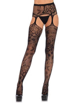 Load image into Gallery viewer, Leg Avenue Floral Lace Stockings with Attached High Waist Garter Belt - Black - One Size
