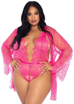 Load image into Gallery viewer, Leg Avenue Floral Lace Teddy with Adjustable Straps and Cheeky Thong Back, Matching Lace Robe with Scalloped Trim and Satin Tie - Hot Pink/Pink - Queen/XLarge/XXLarge - 3 Piece
