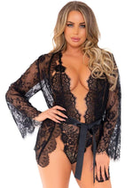 Load image into Gallery viewer, Leg Avenue Floral Lace Teddy with Adjustable Straps and Cheeky Thong Back, Matching Lace Robe with Scalloped Trim and Satin Tie - Black - Large - 3 Piece
