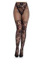 Load image into Gallery viewer, Leg Avenue French Cut Dahlia Lace Tights with Net Thigh Detail - Black - One Size
