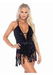 Leg Avenue Fringe Halter Bodysuit - Black - Large/Medium