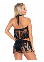 Leg Avenue Fringe Halter Top and Matching Bikini Bottoms - Black - Large/Medium - 2 Piece