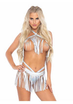 Load image into Gallery viewer, Leg Avenue Fringe Halter Top and Matching Bikini Bottoms - Silver - Large/Medium - 2 Piece
