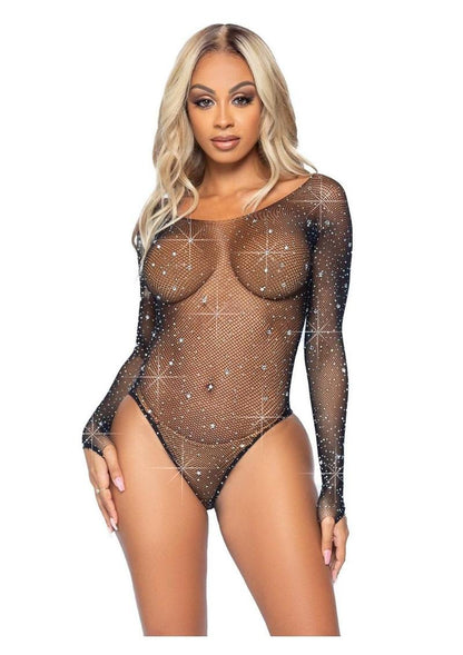 Leg Avenue Galaxy Star Rhinestone Fishnet Bodysuit with Snap Crotch - Black - One Size