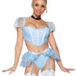 Leg Avenue Glass Slipper Cinderella Boned Sweetheart Crop Top with Organza Sleeves, Garter Panty with Shimmer Sheer Skirt, Ribbon Choker, and Matching Hair Band - Blue - Large - 4 Piece