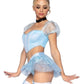 Leg Avenue Glass Slipper Cinderella Boned Sweetheart Crop Top with Organza Sleeves, Garter Panty with Shimmer Sheer Skirt, Ribbon Choker, and Matching Hair Band - Blue - XSmall - 4 Piece